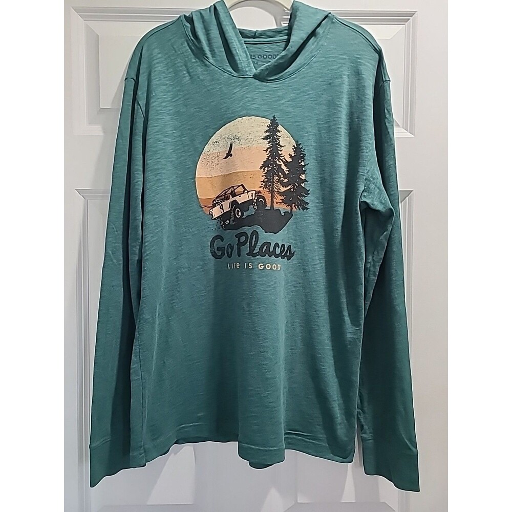 Life Is Good Go Places Jeep 4x4 Off Road Mountains Green Hooded L/S Shirt Men M